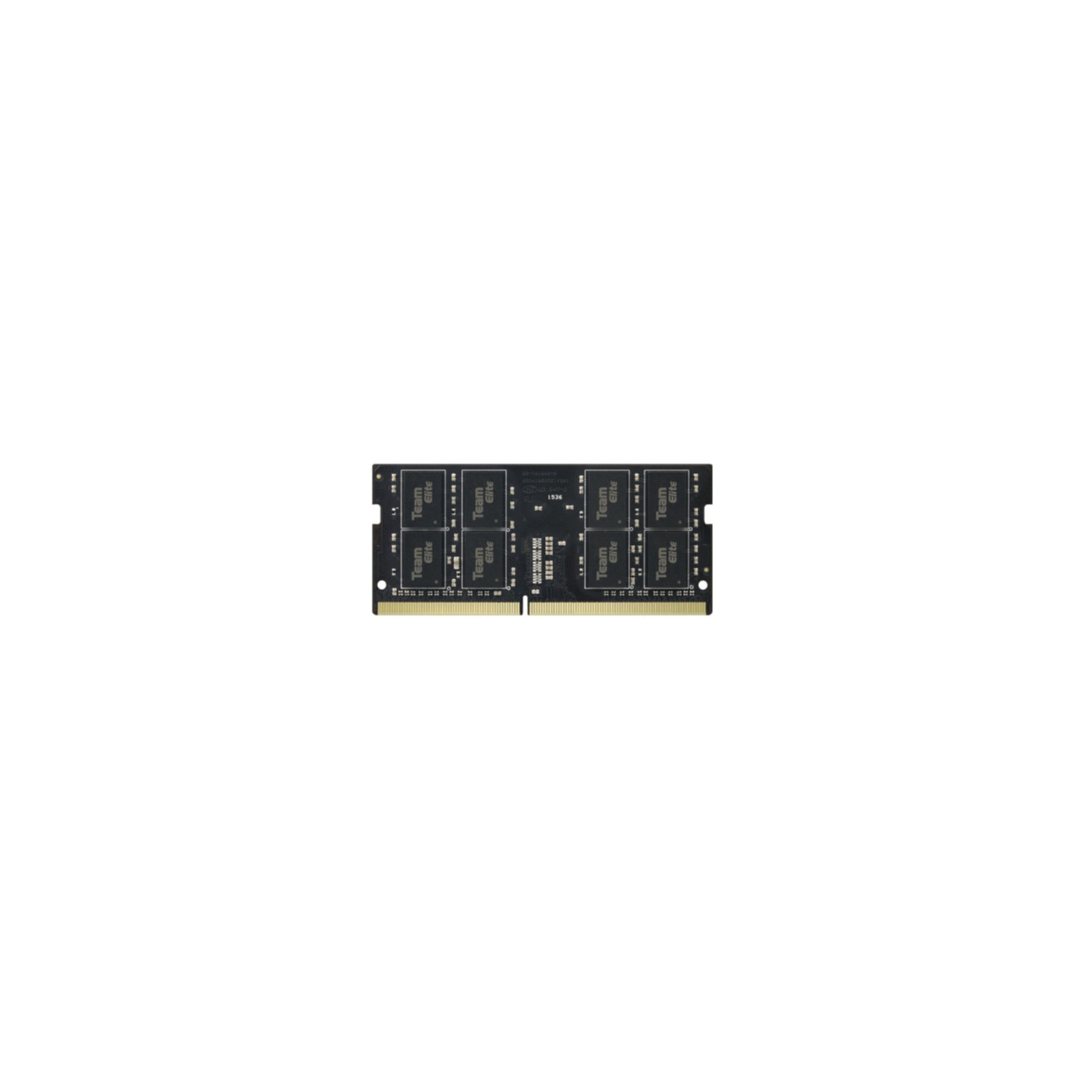 Un banco di RAM nero con otto chip e connettori dorati.