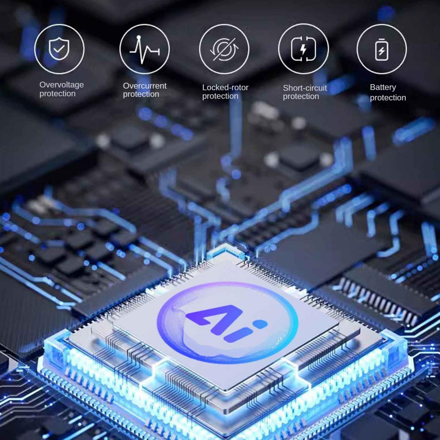 Ein Prozessor mit dem Logo "Ai" und Schutzfunktionen wie Überlastschutz.
