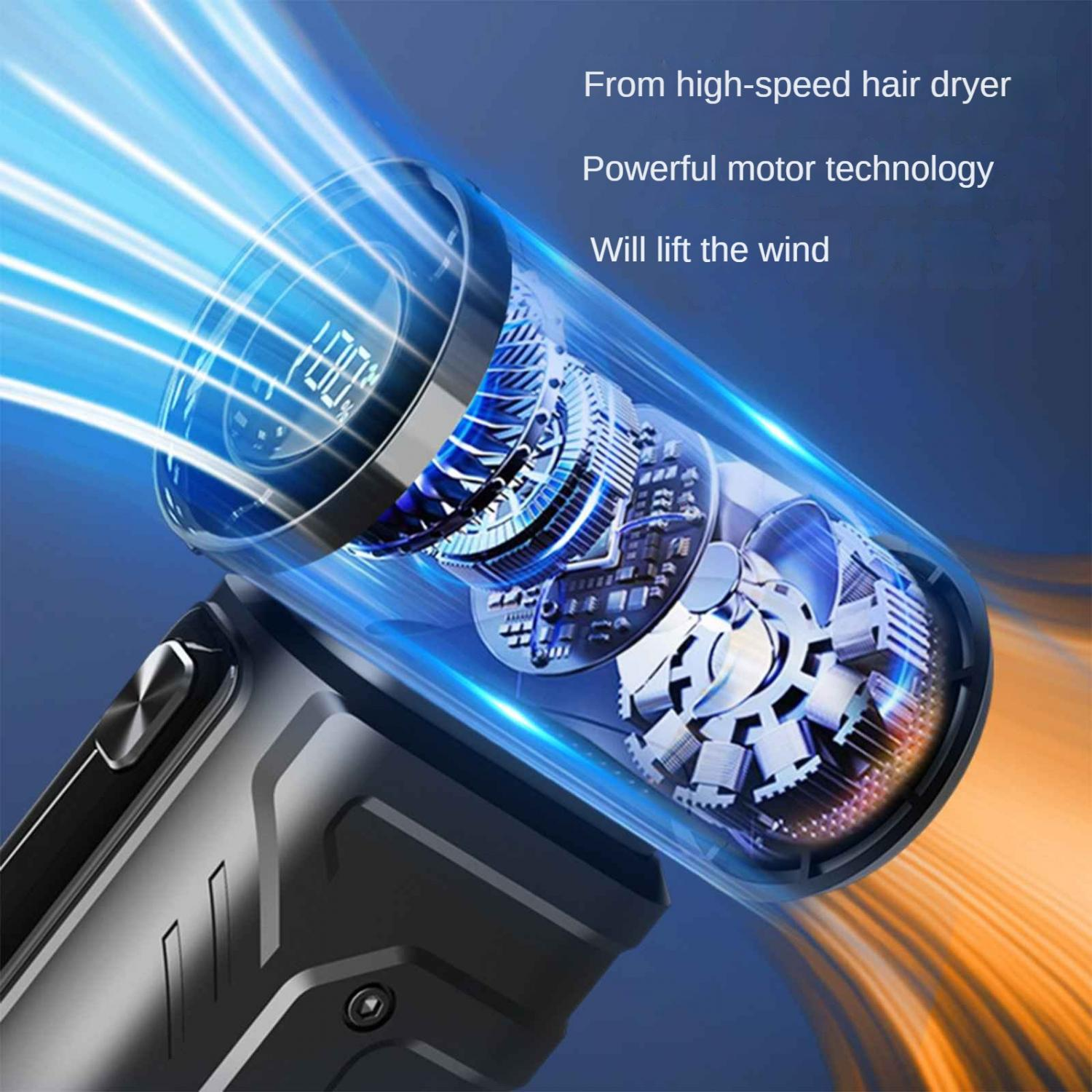 Detailansicht eines Hochgeschwindigkeits-Haartrocknermotors mit 100 % Leistung, der blaue Lichtstrahlen aussendet.