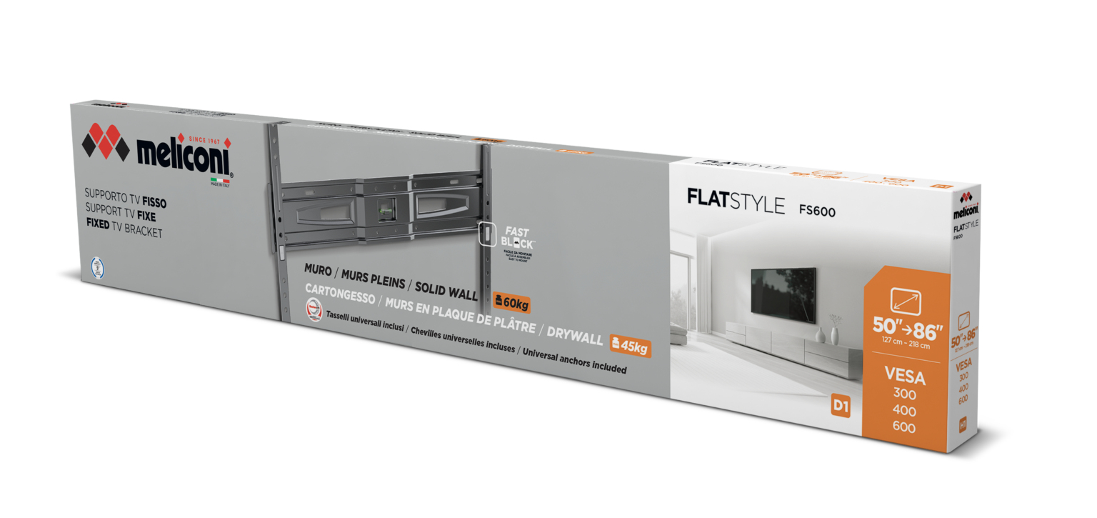 Confezione per un supporto TV fisso a muro Meliconi Flatstyle FS600.
