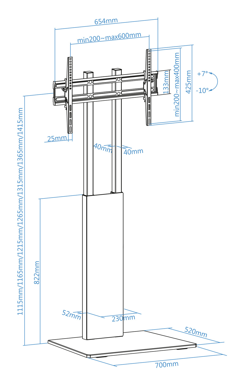 Disegno tecnico di un supporto TV con dimensioni e angoli.