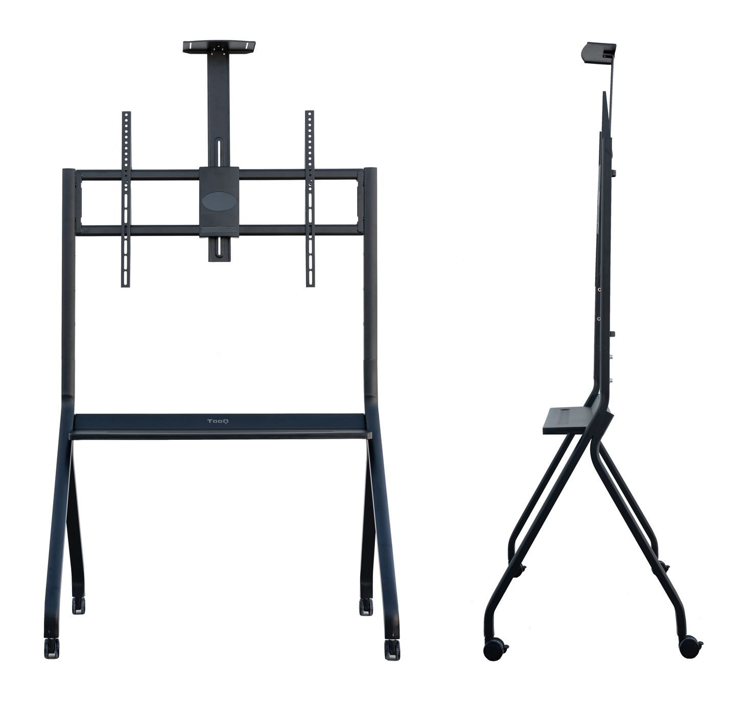 Supporto TV nero in metallo con ruote, mostrato frontalmente e lateralmente.