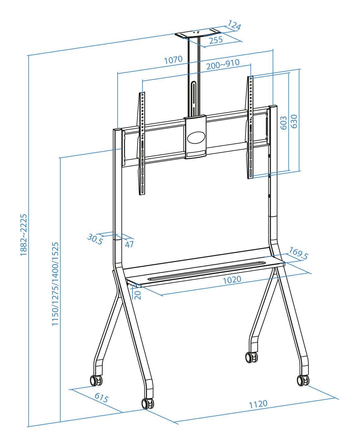 Disegno tecnico di un supporto TV mobile con dimensioni.