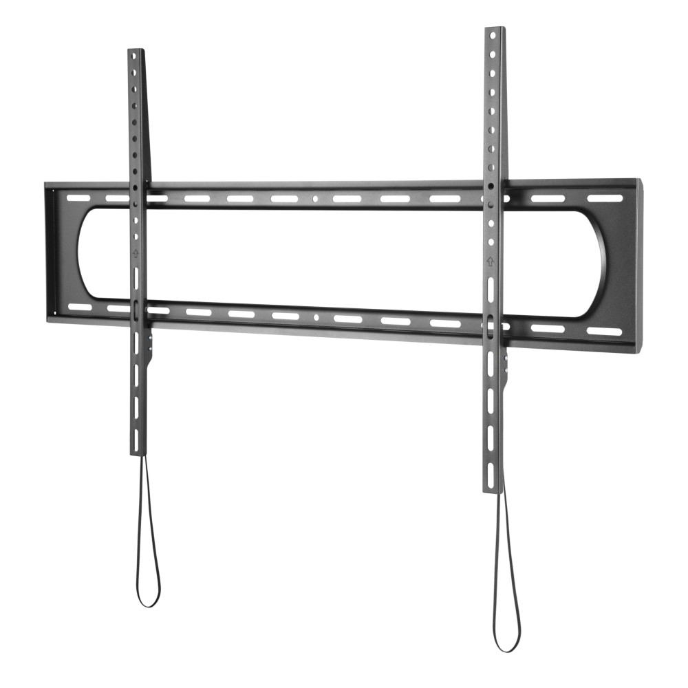 Un supporto da parete TV nero con bracci regolabili e anelli pendenti.