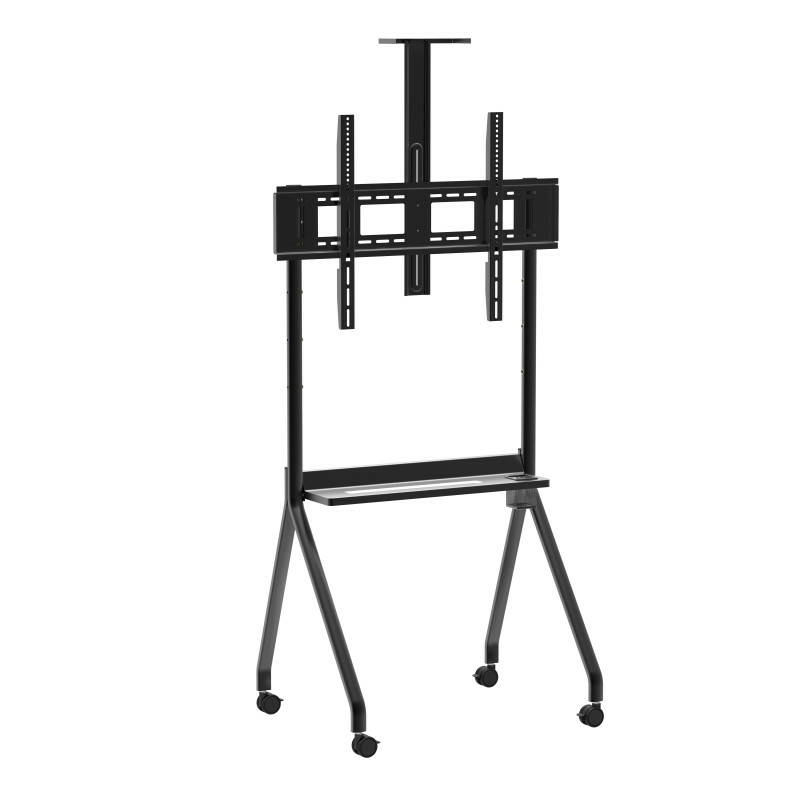 Un supporto TV mobile nero con ruote, un ripiano e un supporto.