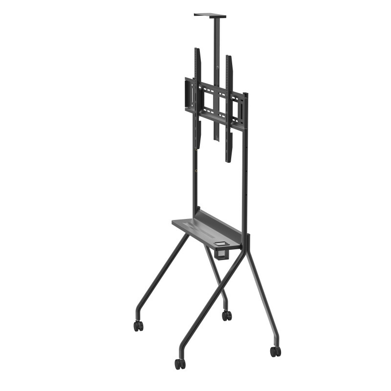 Supporto mobile per schermi con ripiano e ruote.