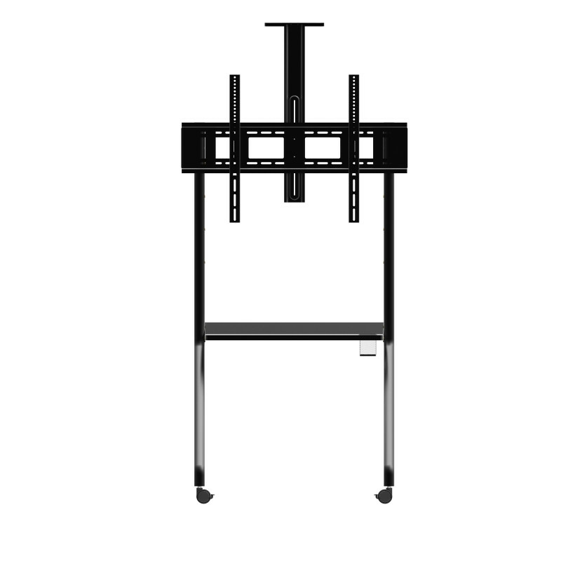 Supporto TV mobile nero con ruote e mensola.