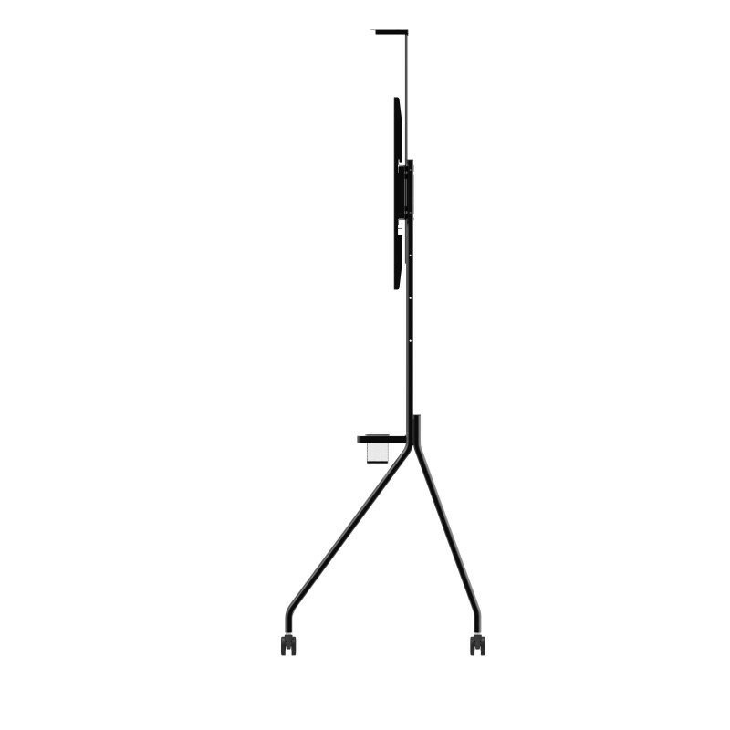 Un supporto TV mobile nero con ruote e un ripiano.