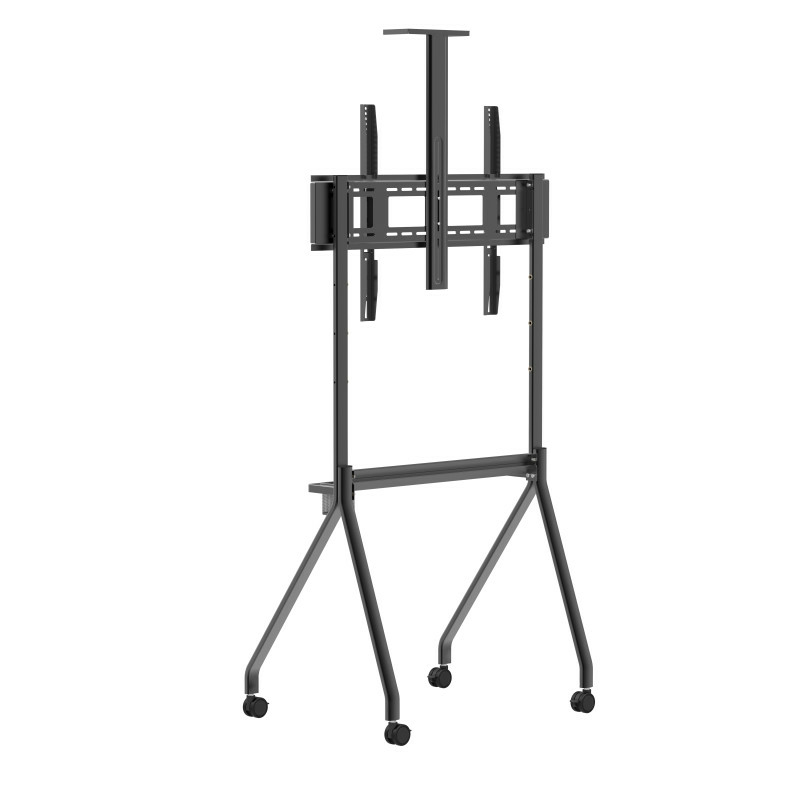 Un supporto TV mobile in metallo nero con ruote e staffa per schermo.