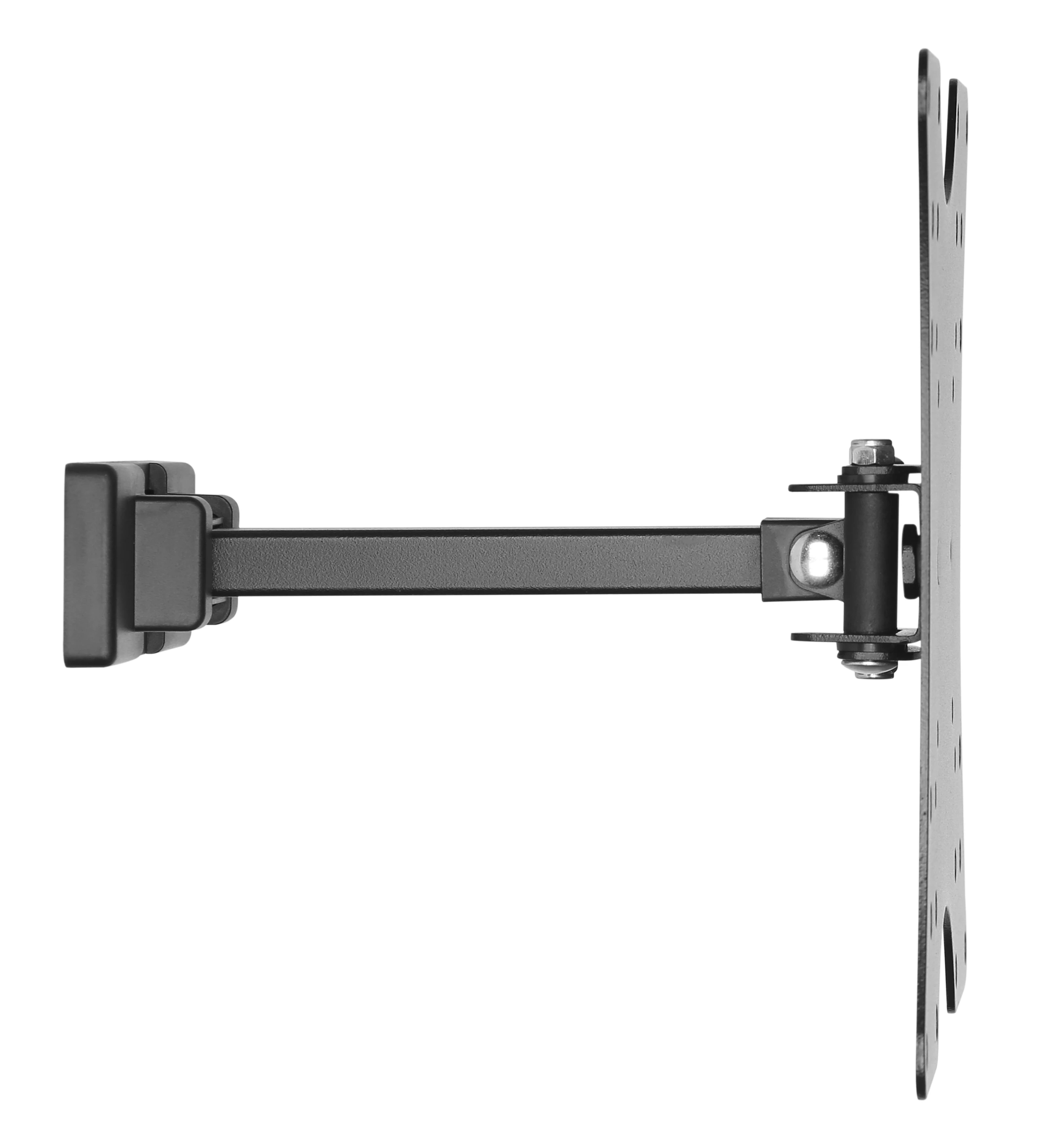Soporte de pared giratorio negro para TV con brazo ajustable y placa VESA.