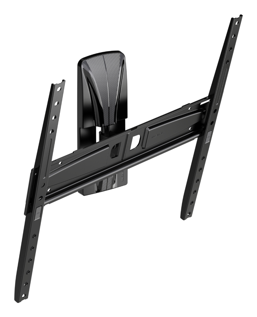 Supporto da parete TV in metallo nero con bracci regolabili e alloggiamento centrale testurizzato.