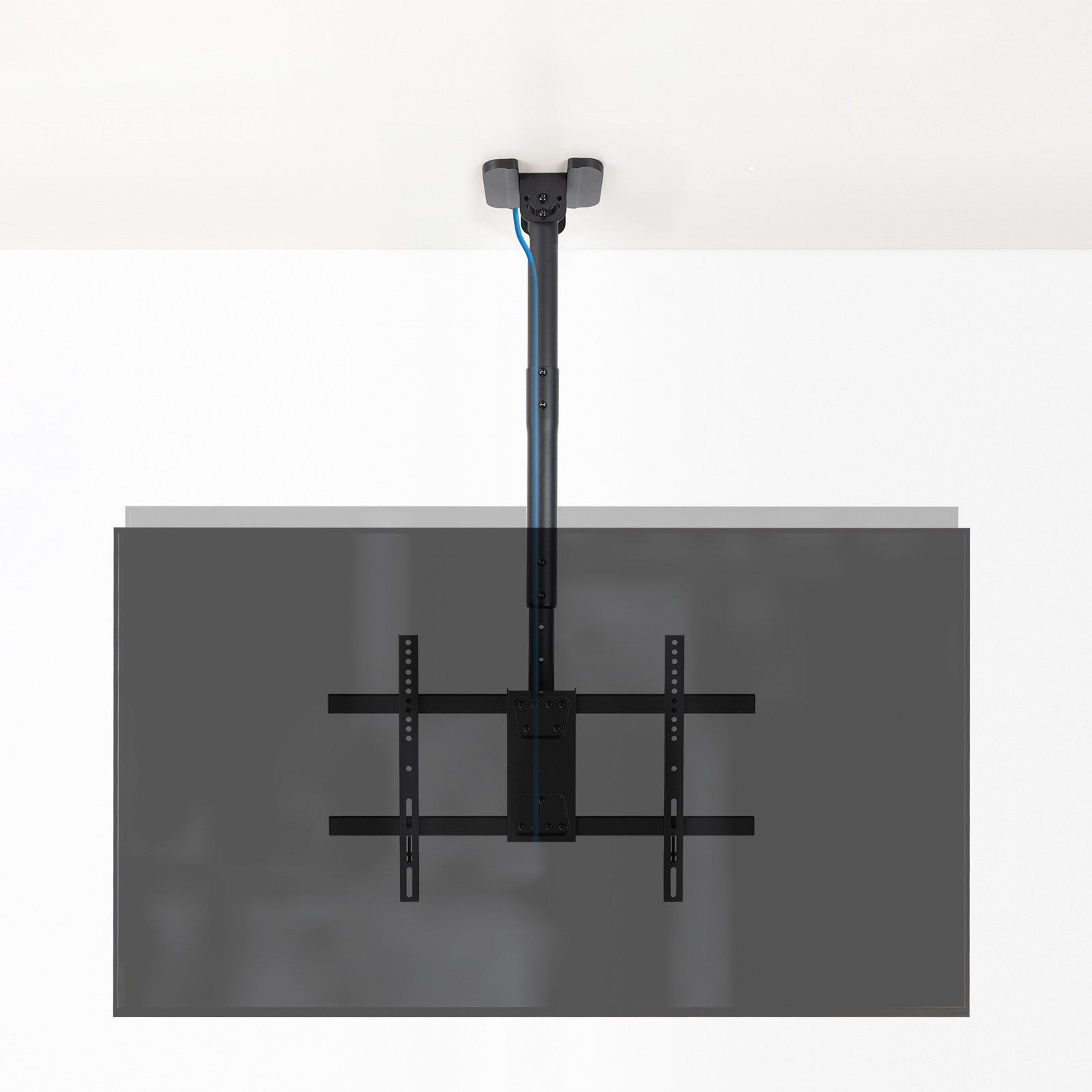 Schwarze Deckenhalterung für Fernseher mit verstellbarem Arm und Kabelmanagement.