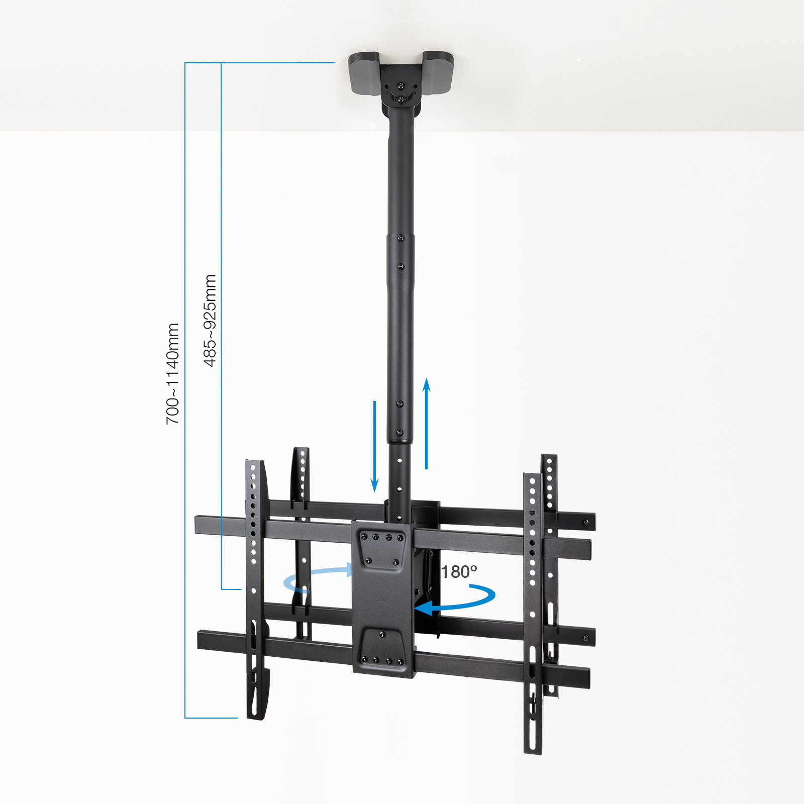 Schwarze Deckenhalterung für Fernseher mit verstellbarem Arm und 180-Grad-Drehung.