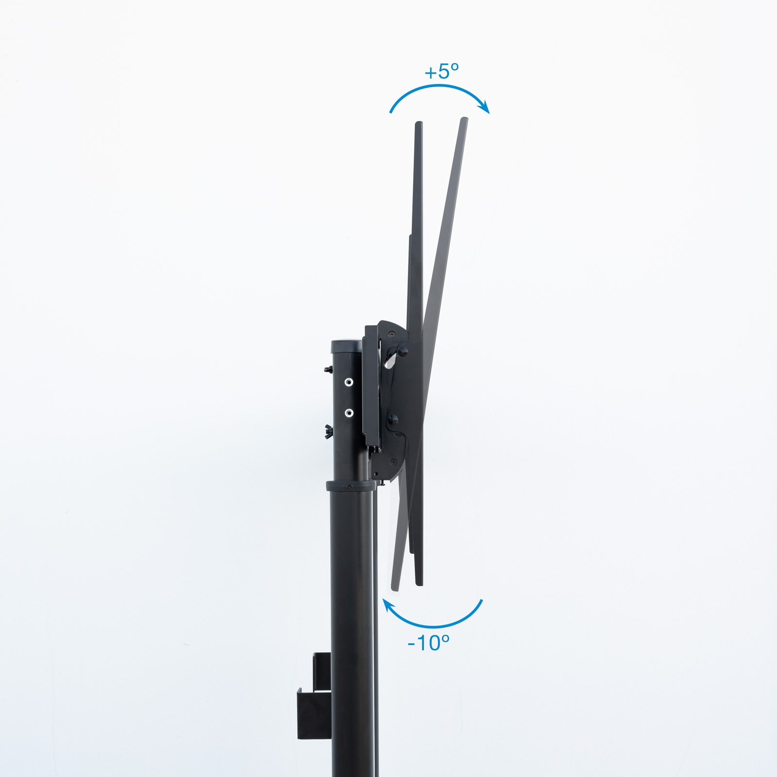 Supporto TV nero con angoli di inclinazione regolabili da +5° a -10°.