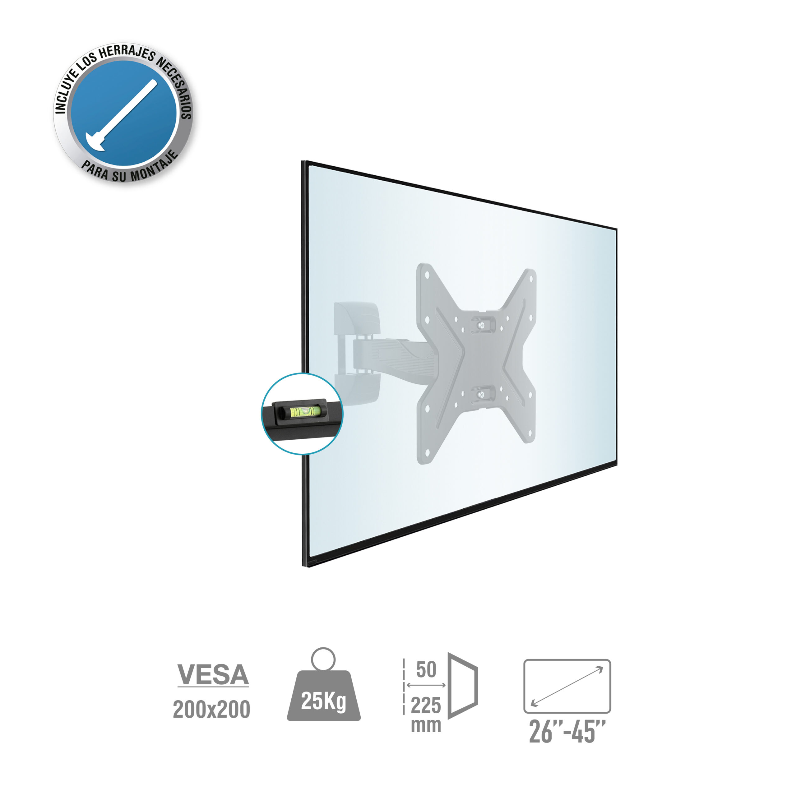 Wandhalterung mit integrierter Wasserwaage, VESA 200x200, 25kg, 26-45 Zoll.