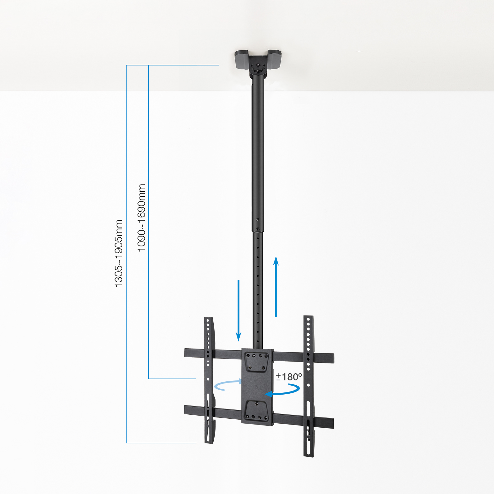 Supporto TV da soffitto nero con altezza regolabile e rotazione di 180°.