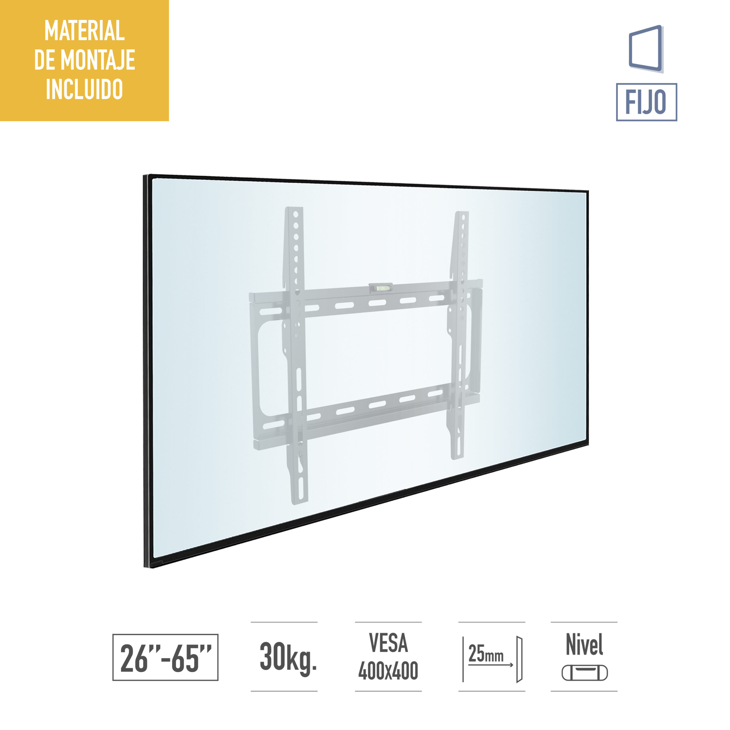 Supporto TV da parete 26-65", 30kg, VESA 400x400, 25mm, con livella e kit montaggio.
