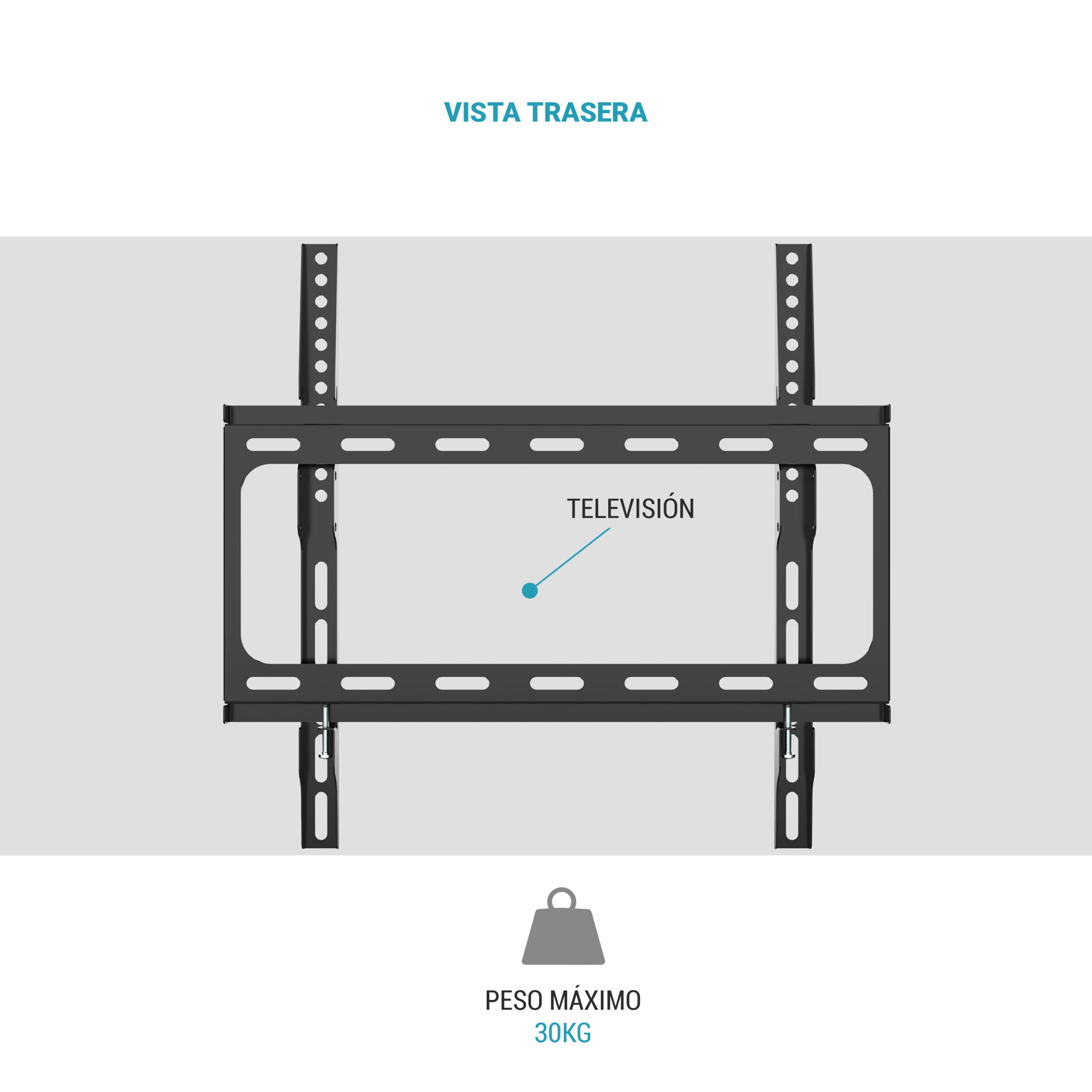 Supporto TV da parete nero, vista posteriore, capacità max 30 kg.