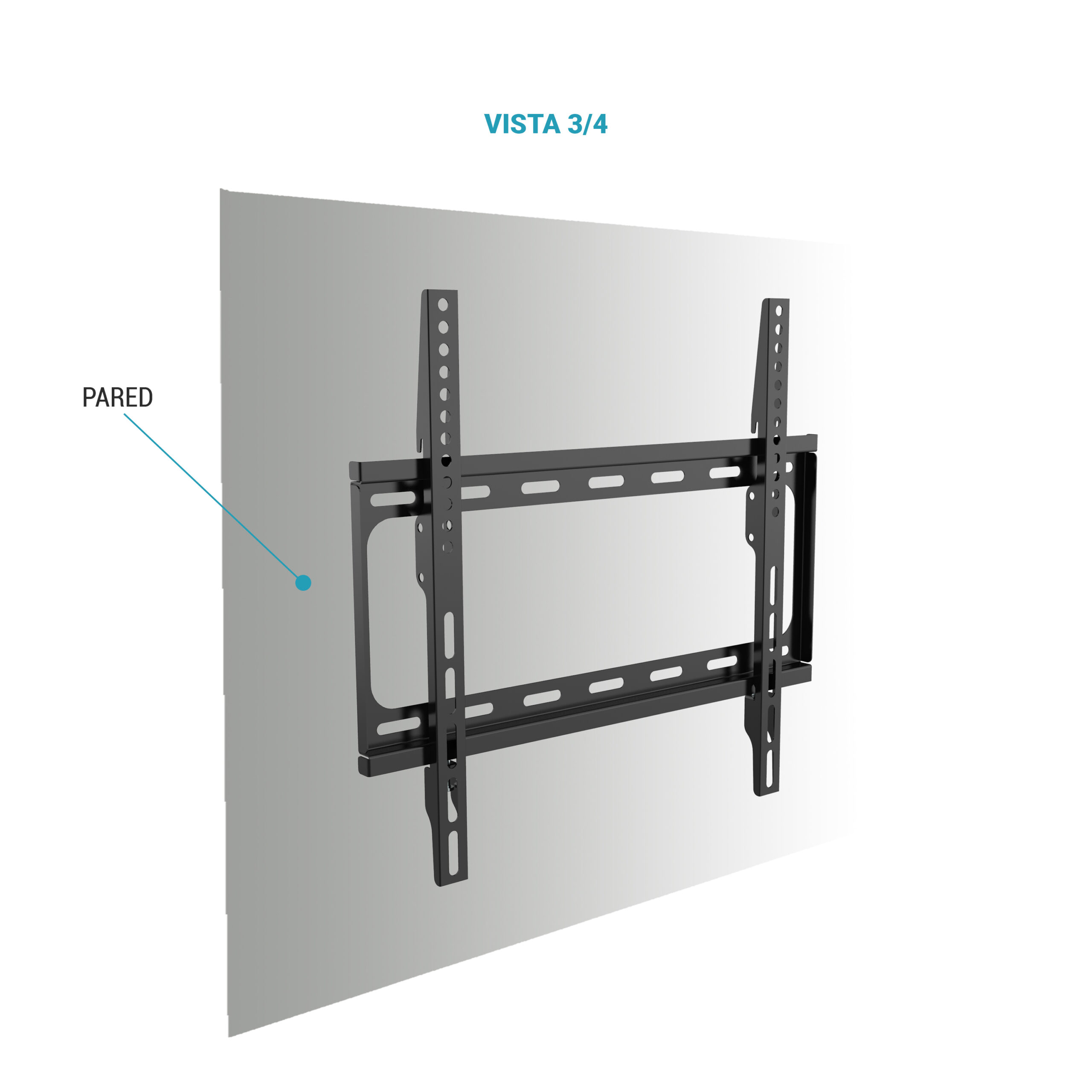 Supporto da parete TV nero con bracci regolabili, montato su parete grigia.