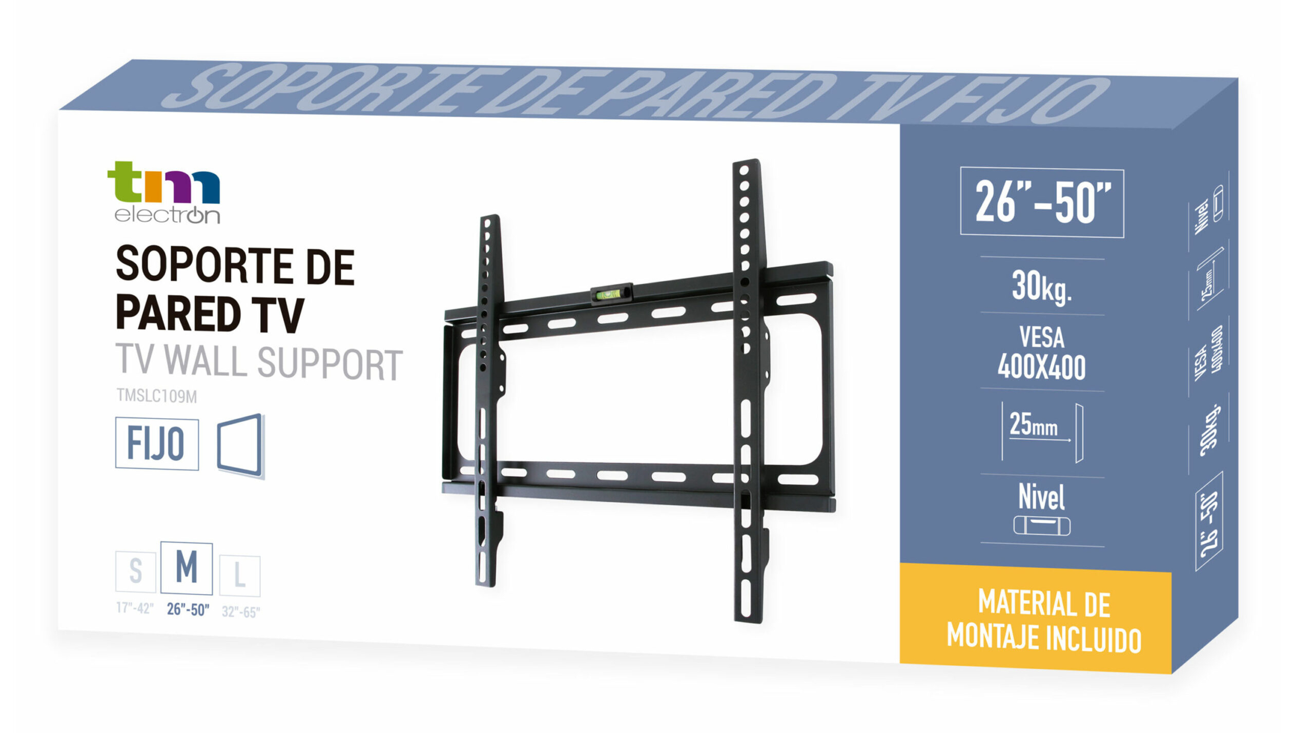 Un supporto da parete TV nero con livella, per TV da 26-50 pollici, 30kg, VESA 400x400.