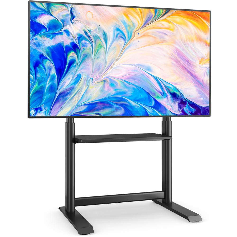 Una grande TV nera su un supporto mobile con due ripiani, che mostra un'immagine astratta.