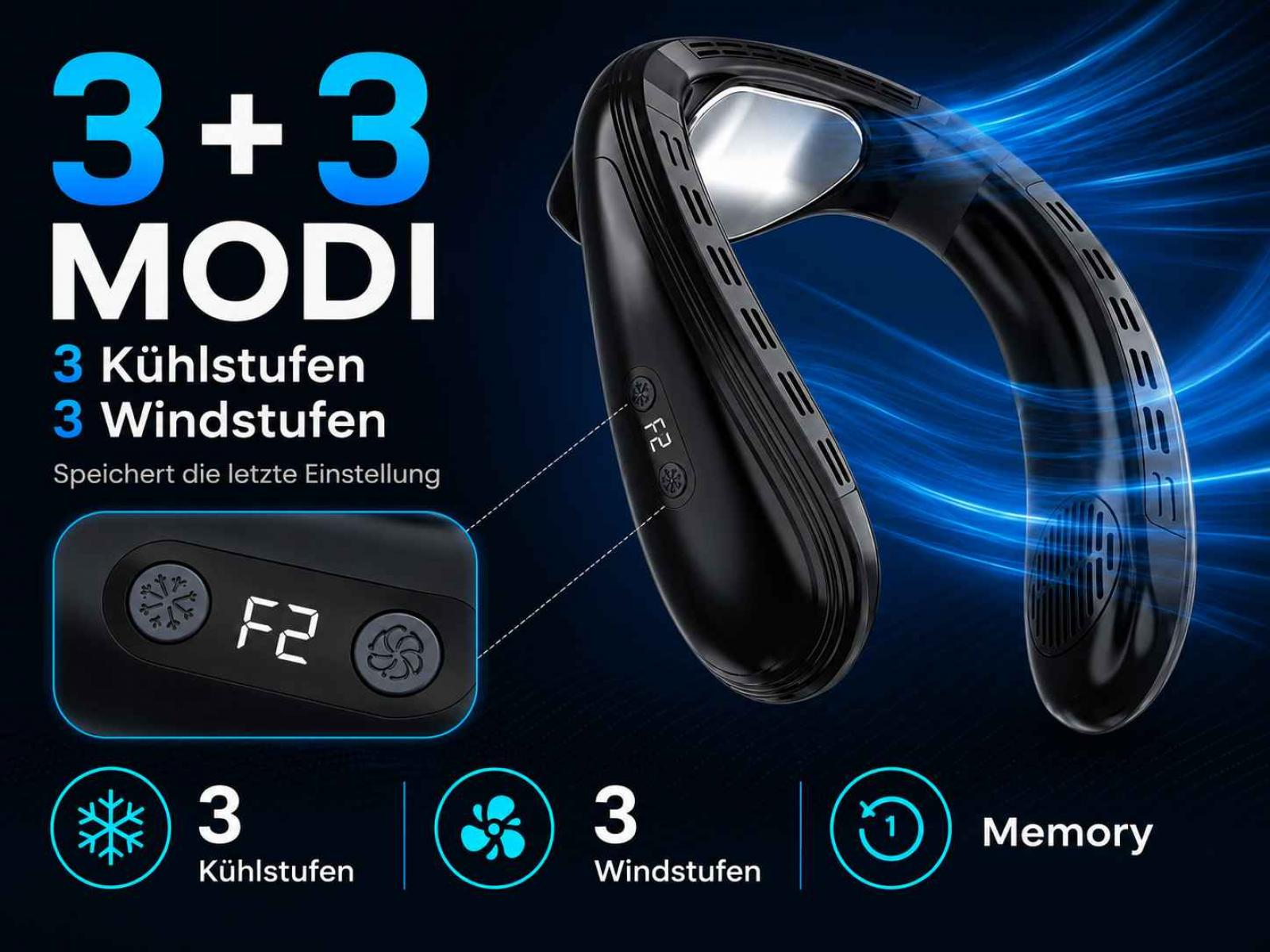 Schwarzer Nackenventilator mit 3 Kühl- und 3 Windstufen, F2-Modus.
