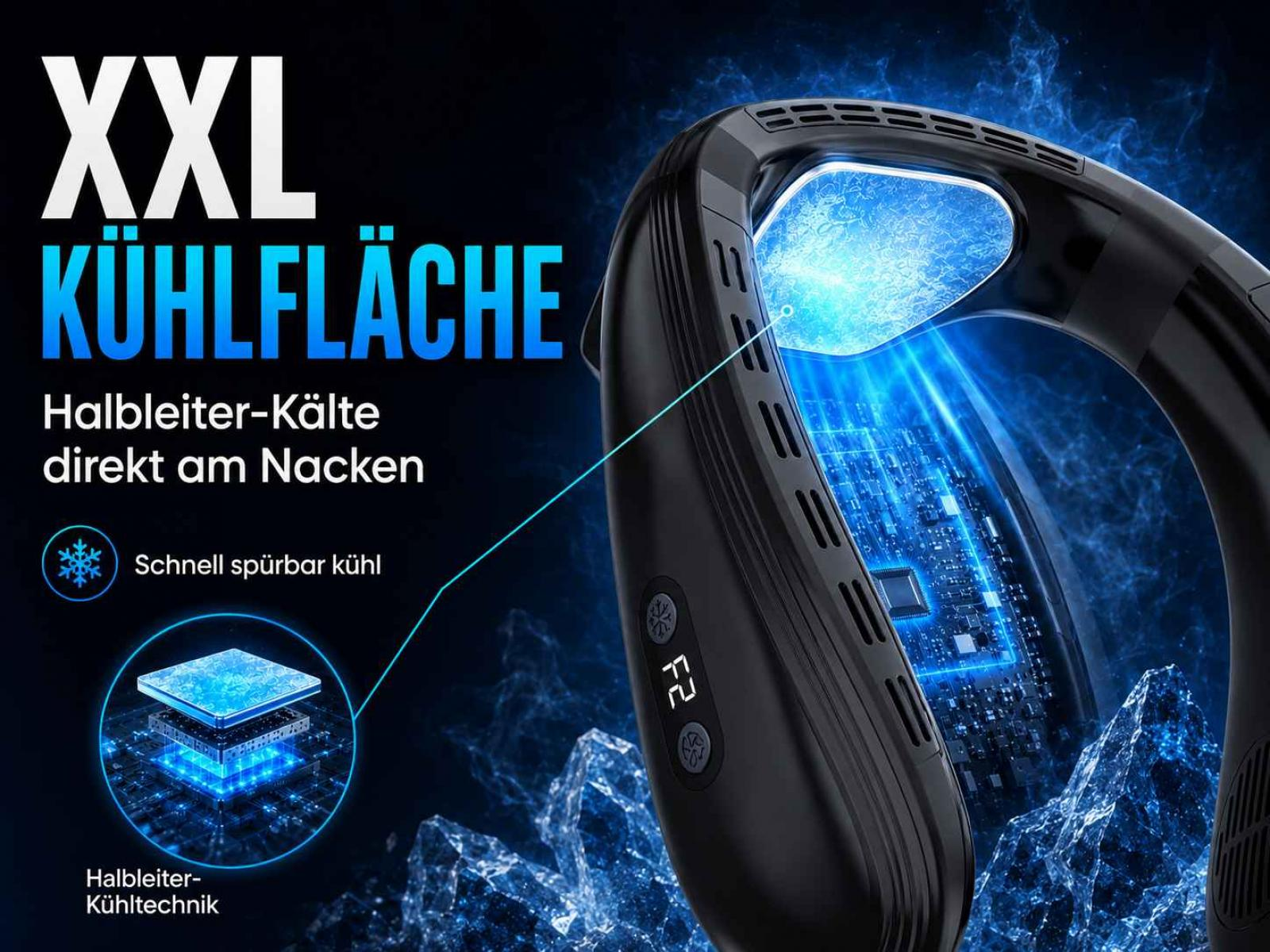Ein schwarzer Nackenlüfter mit XXL-Kühlfläche und blauen Akzenten.