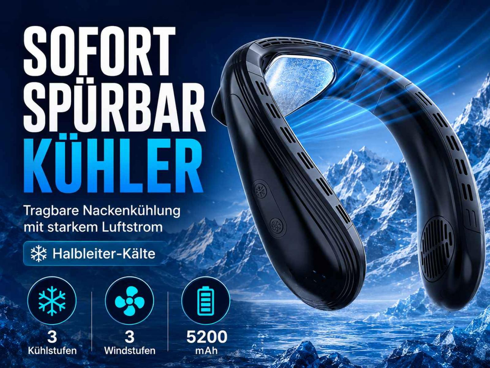 Tragbarer Nackenlüfter mit 3 Kühl- und Windstufen, 5200 mAh Akku.