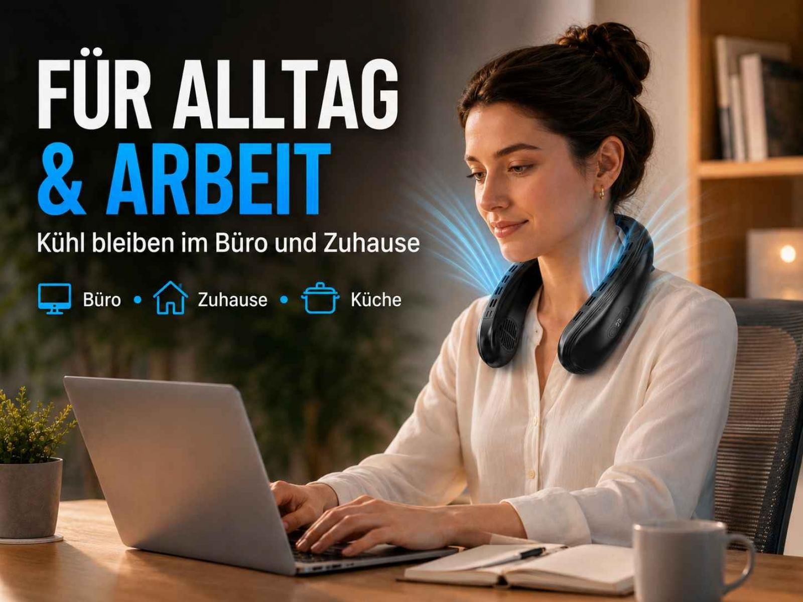 Frau mit Nackenventilator am Schreibtisch, arbeitet am Laptop.
