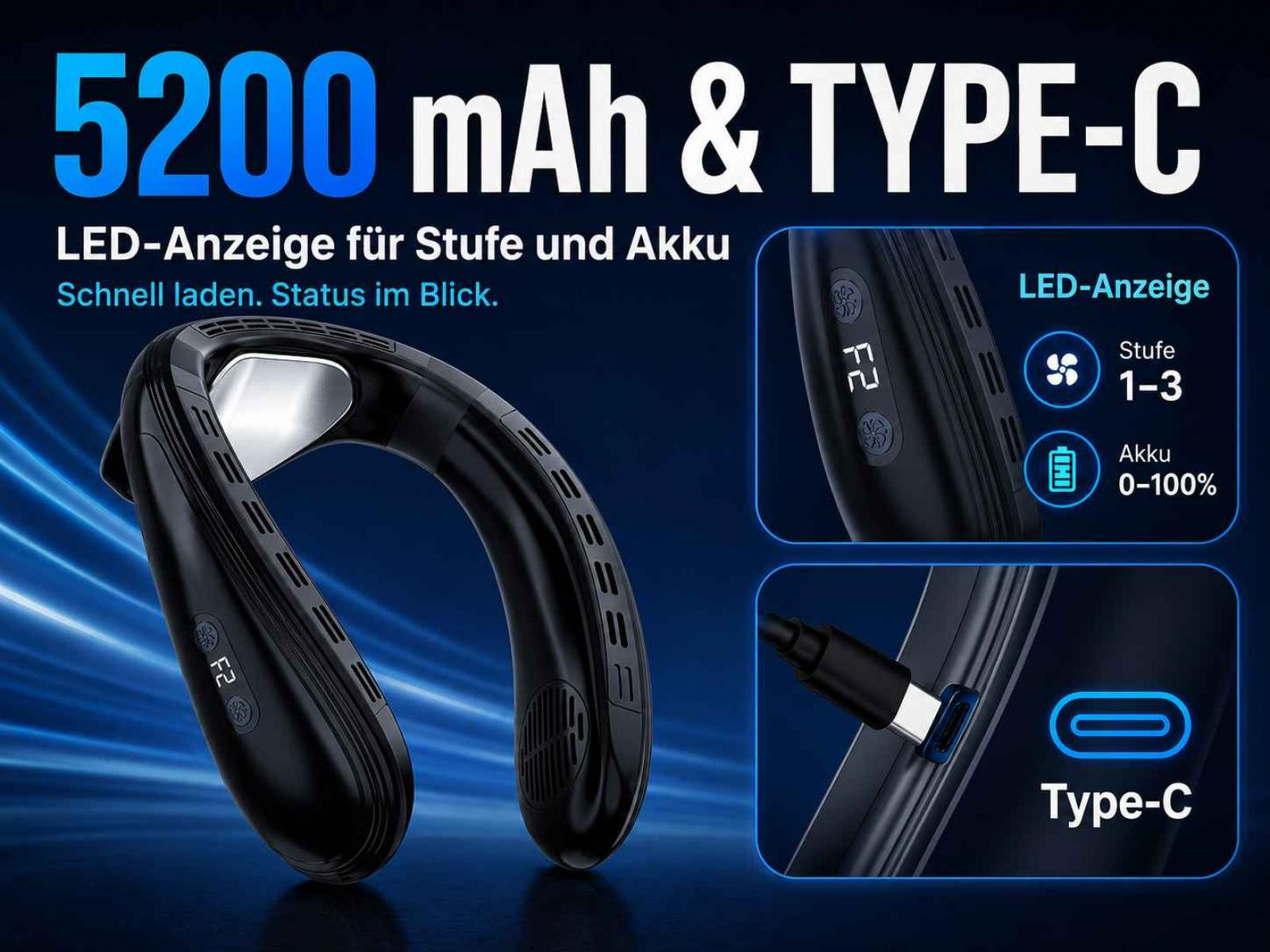 Schwarzer Nackenventilator mit LED-Anzeige für Stufe und Akku, 5200mAh, Typ-C.