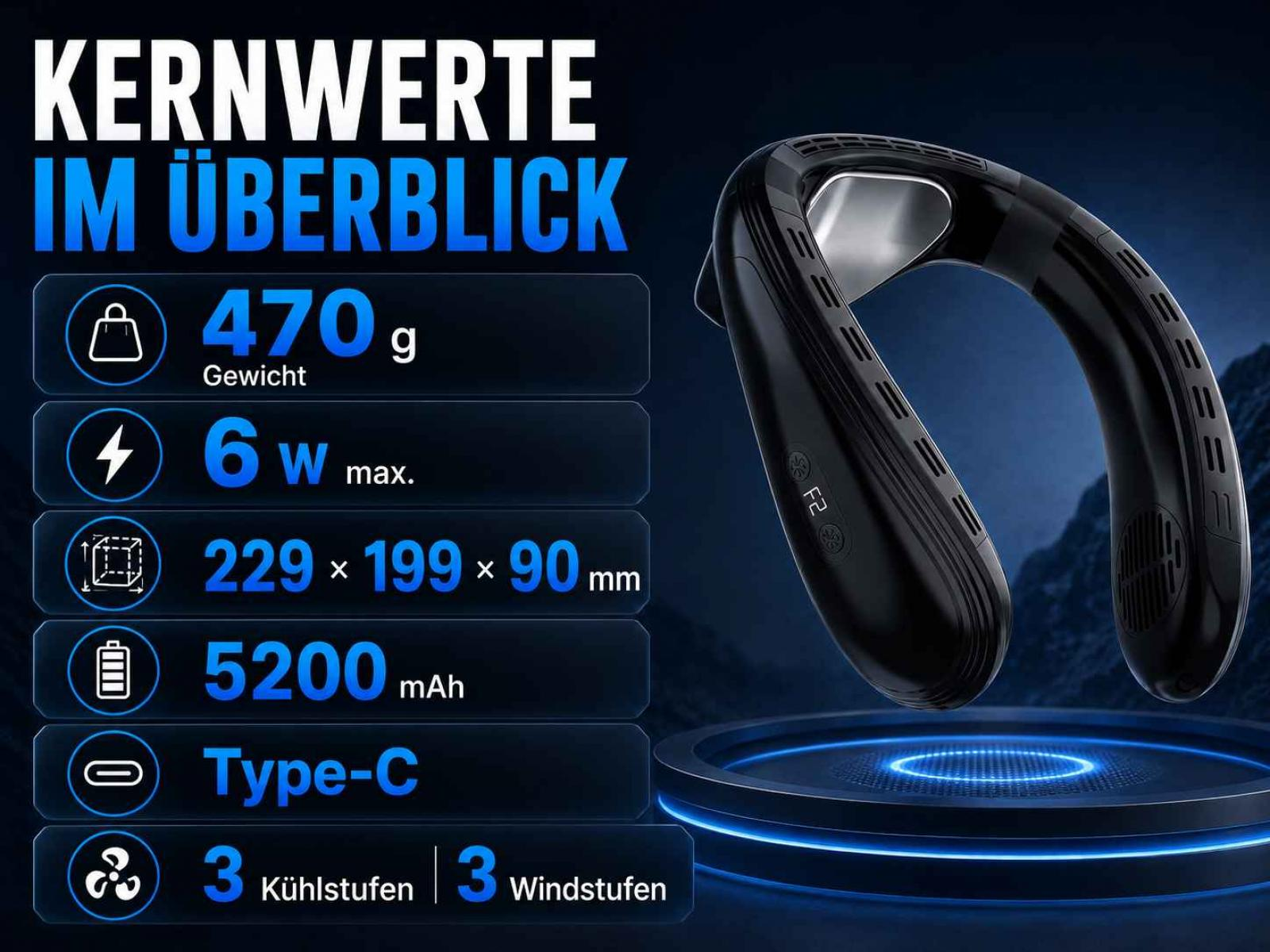 Nackenlüfter: 470g, 6W, 229x199x90mm, 5200mAh, 3 Kühlstufen.