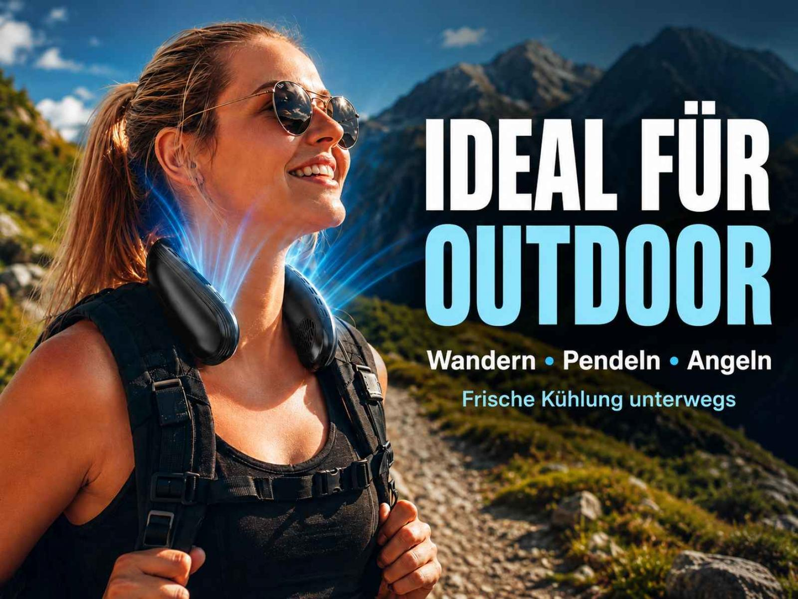 Frau mit Nackenventilator in Bergen. Text: Ideal für Outdoor.