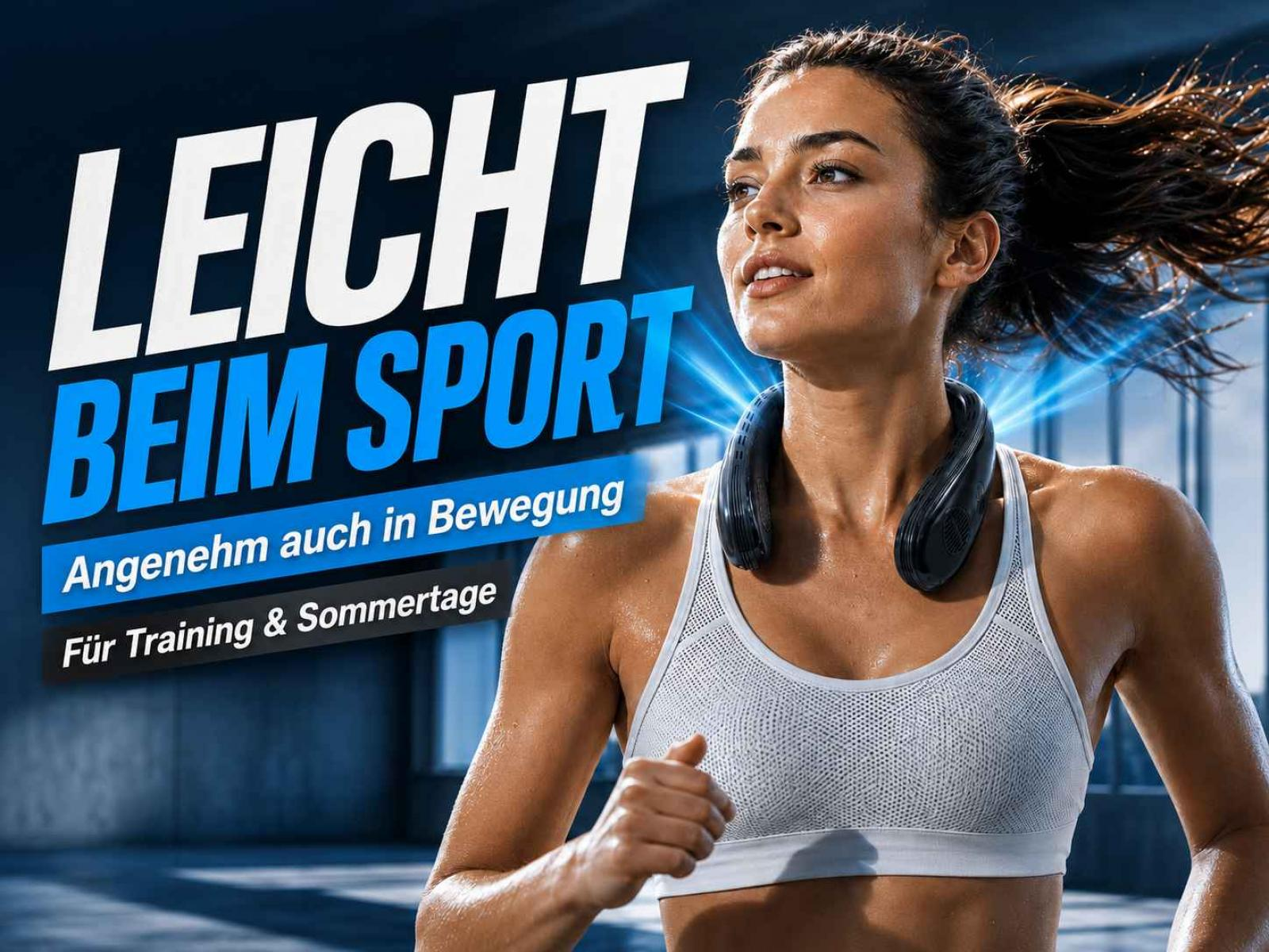Läuferin mit Nackenventilator, Text: Leicht beim Sport.