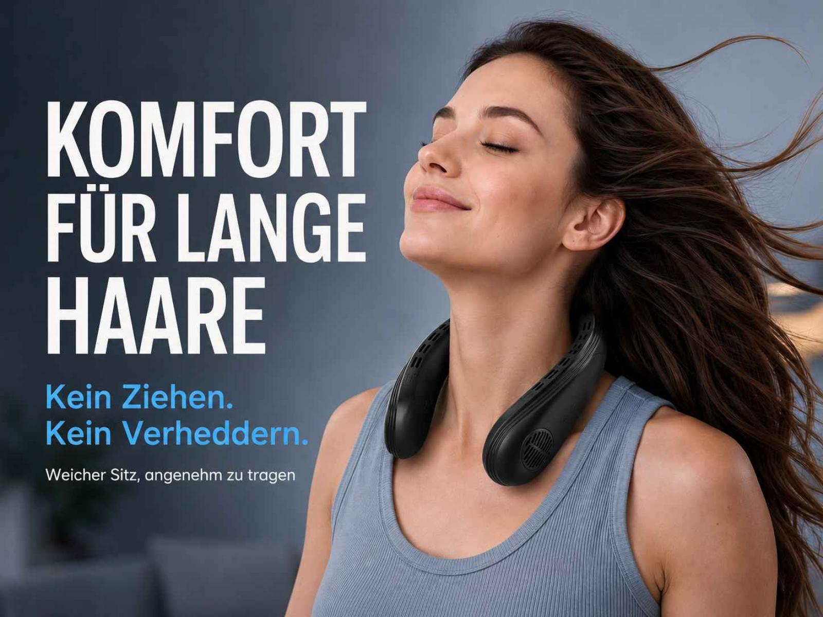 Eine Frau mit langen Haaren trägt einen Nackenventilator.