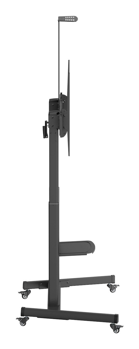 Supporto TV grigio su ruote con ripiano e attacco per schermo.