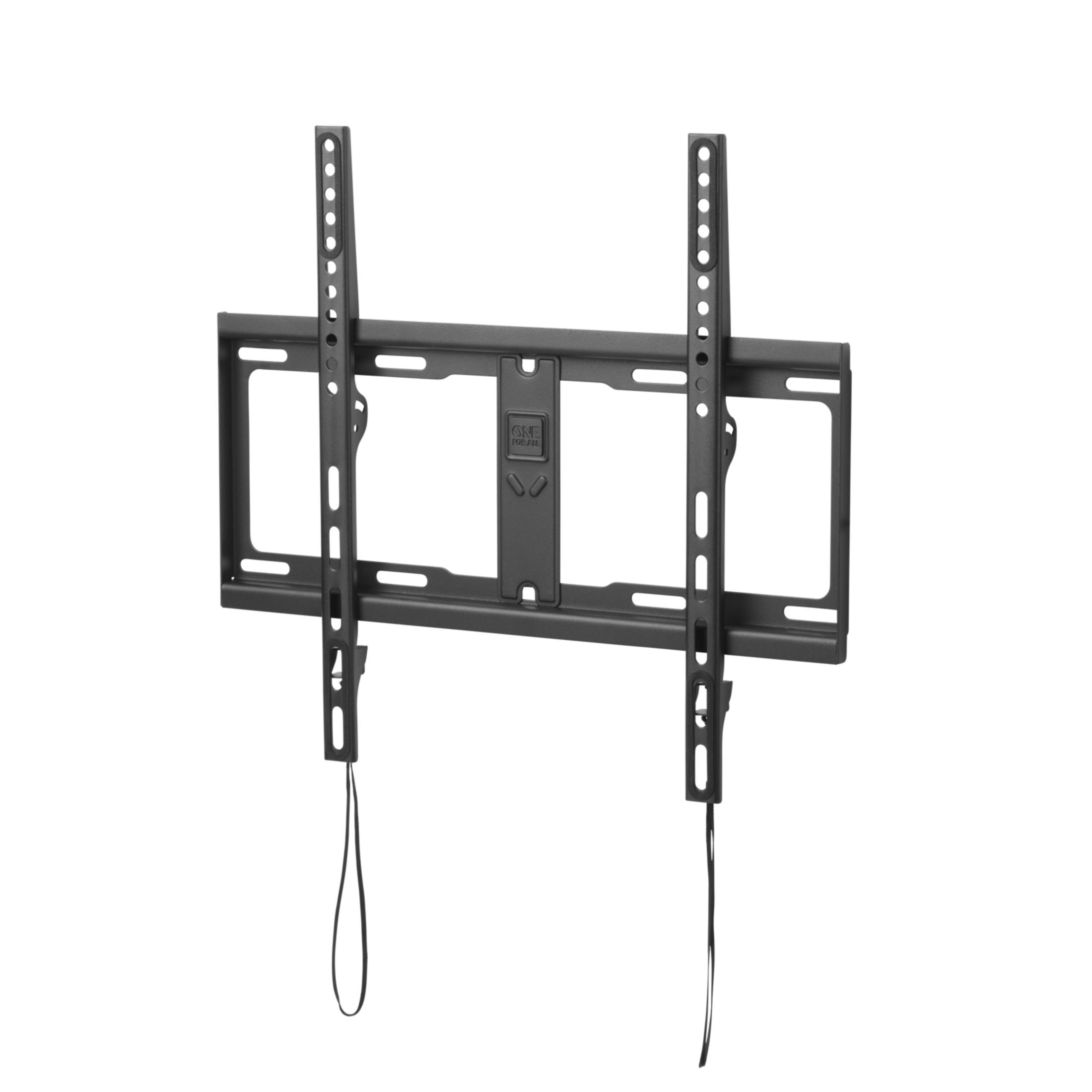 Schwarze TV-Wandhalterung mit verstellbaren Armen und Kabeln.