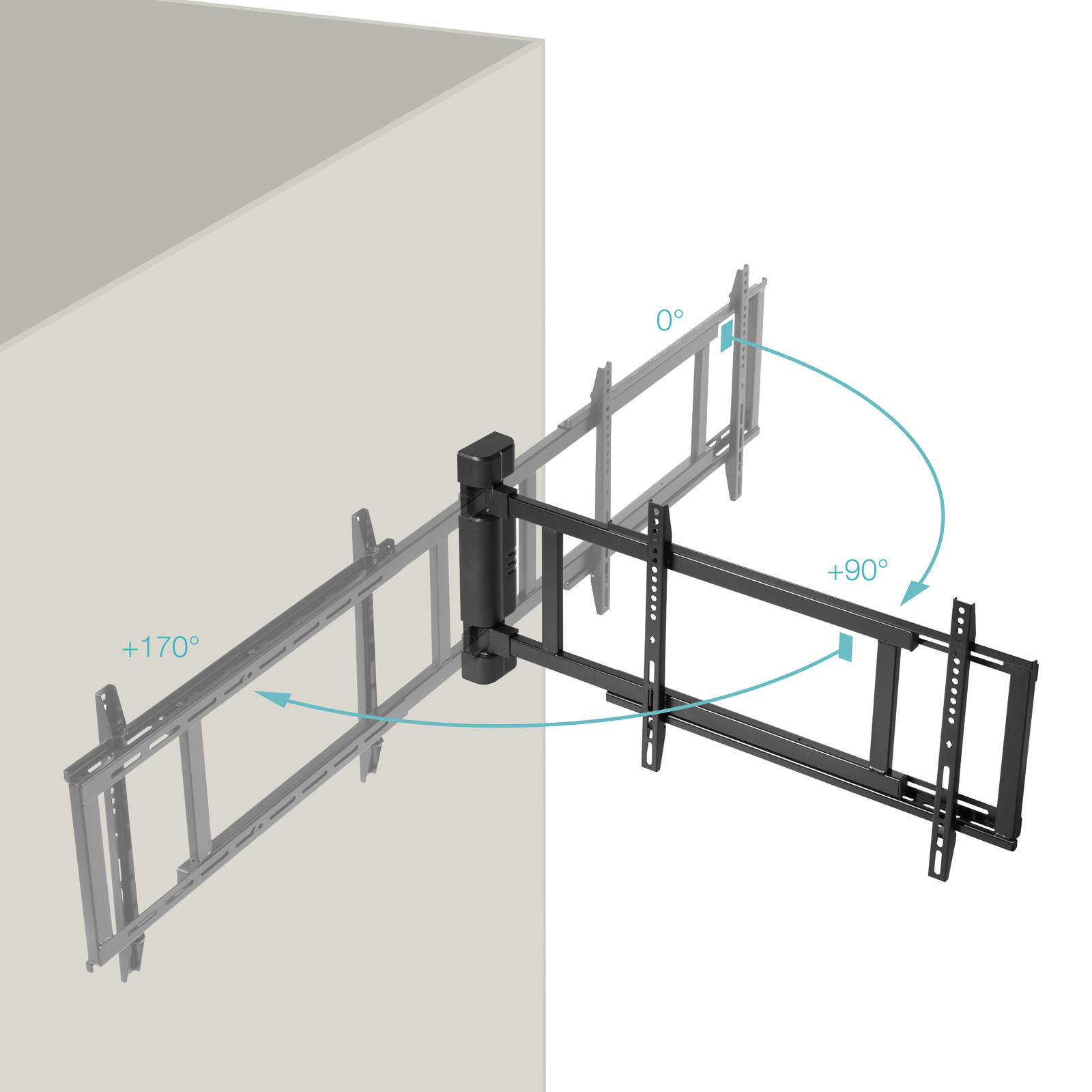 Supporto da parete TV nero con bracci estensibili a 0°, +90° e +170°.