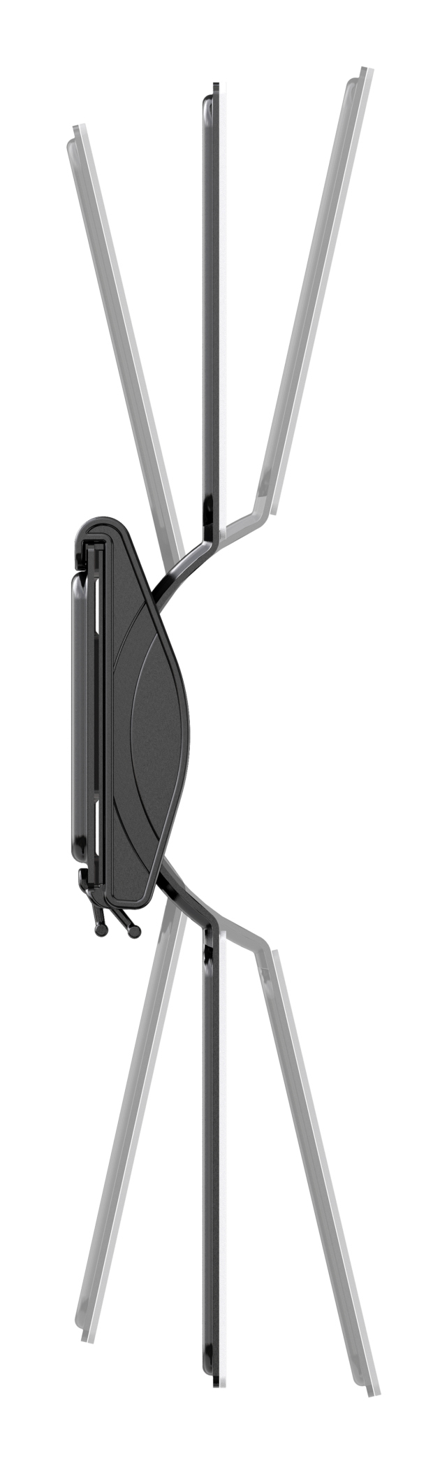 Un soporte de pared para TV negro con brazos articulados sobre fondo blanco.