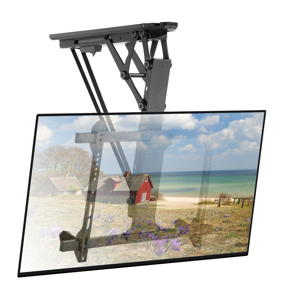 Supporto da soffitto nero con braccio articolato che regge uno schermo TV.