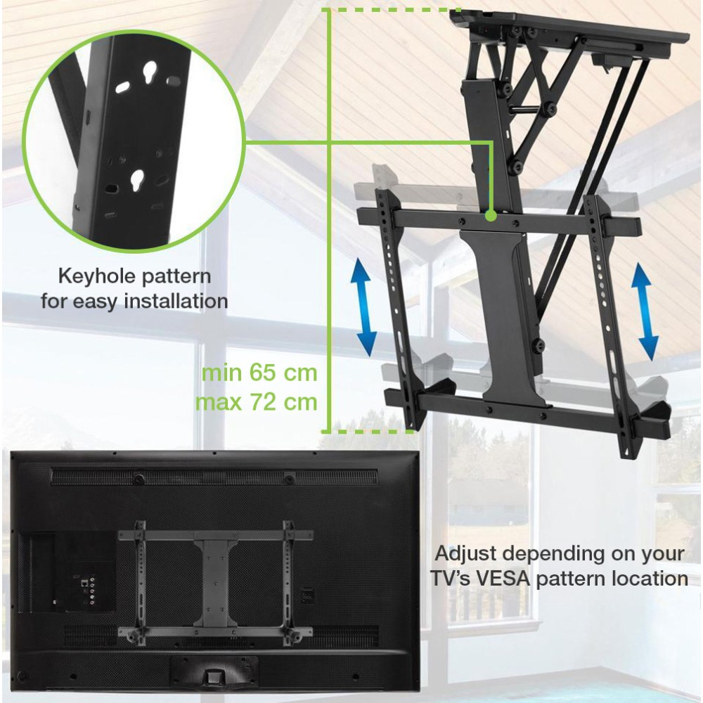 Supporto da soffitto TV nero con braccio regolabile e descrizione della dimensione del foro.