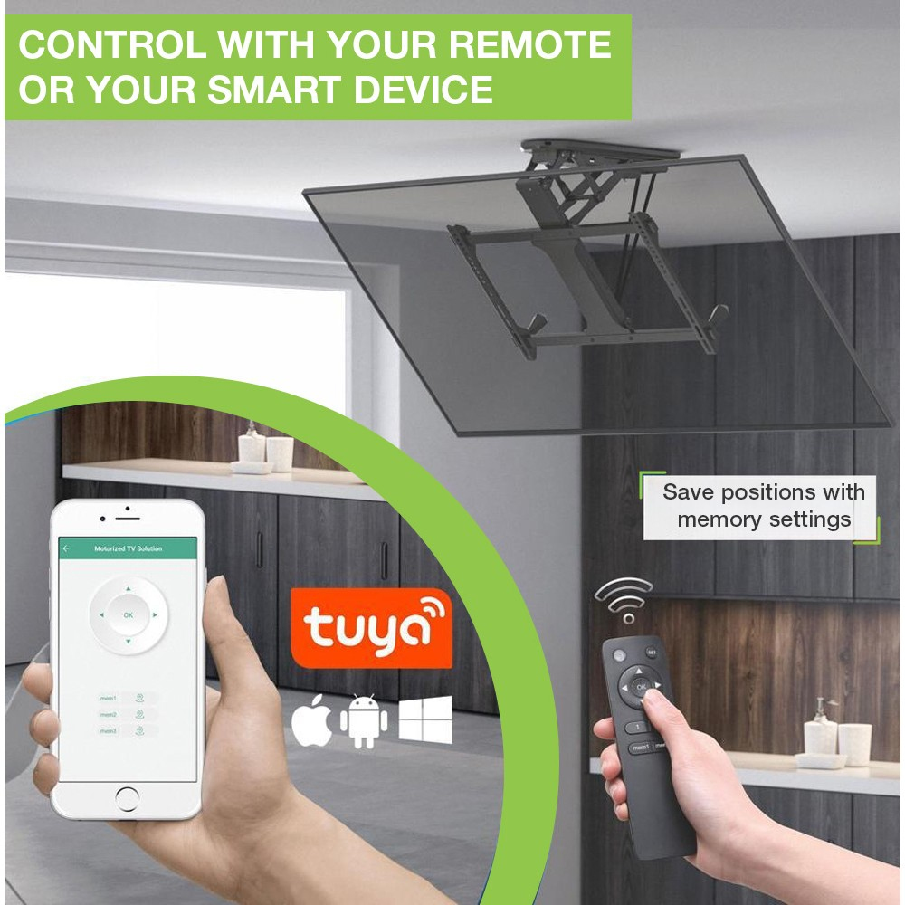 Supporto TV motorizzato controllato da telecomando o app. Sfondo cucina.
