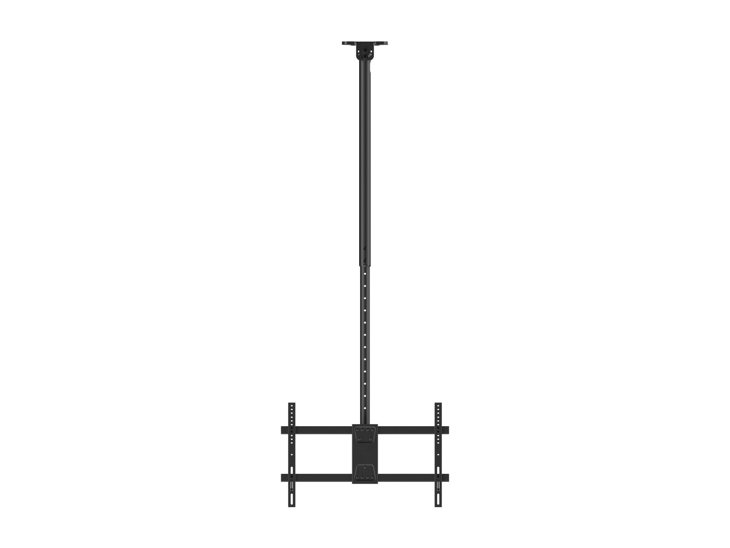 Schwarze Deckenhalterung für Fernseher mit verstellbarem Gestell.