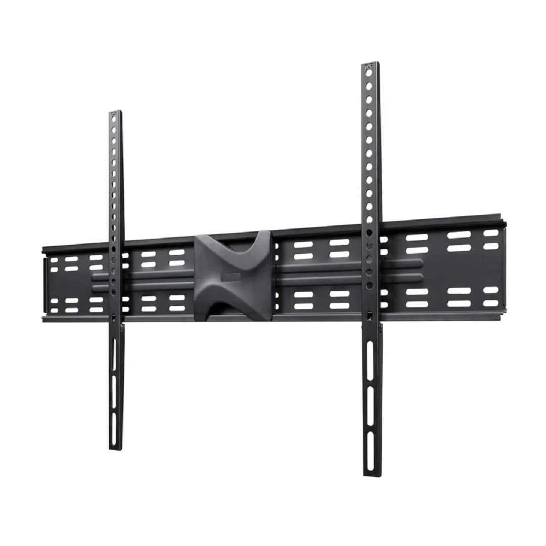 Supporto da parete TV nero con bracci regolabili e fori di montaggio.