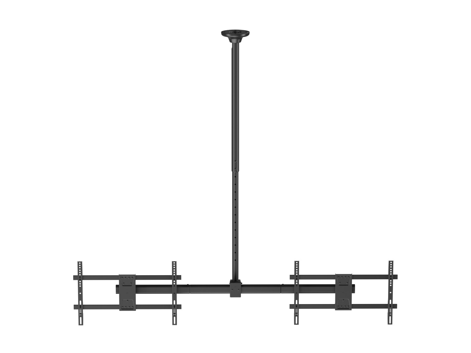 Supporto da soffitto nero con due staffe TV.
