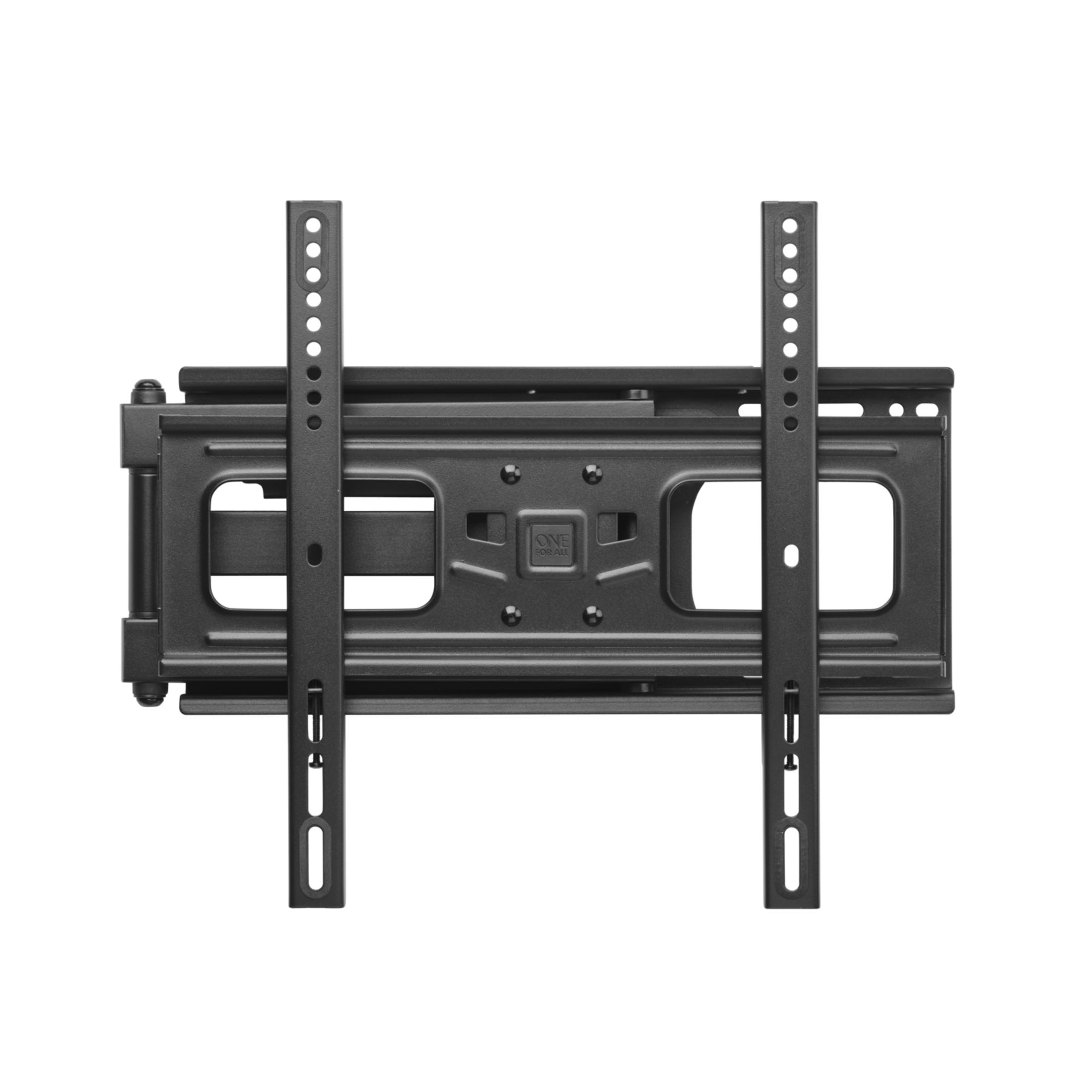 Ein schwarzer, verstellbarer TV-Wandhalter mit vertikalen Schienen und horizontaler Platte.