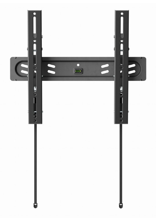 Supporto da parete TV nero con livella a bolla integrata e due bracci di supporto.