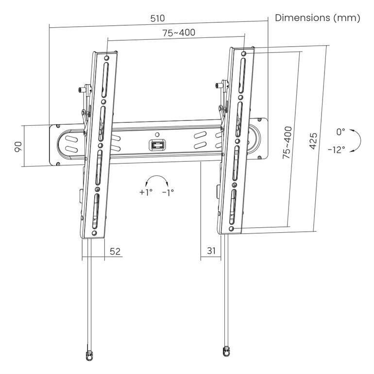 Disegno tecnico di un supporto da parete per TV con dimensioni in mm.