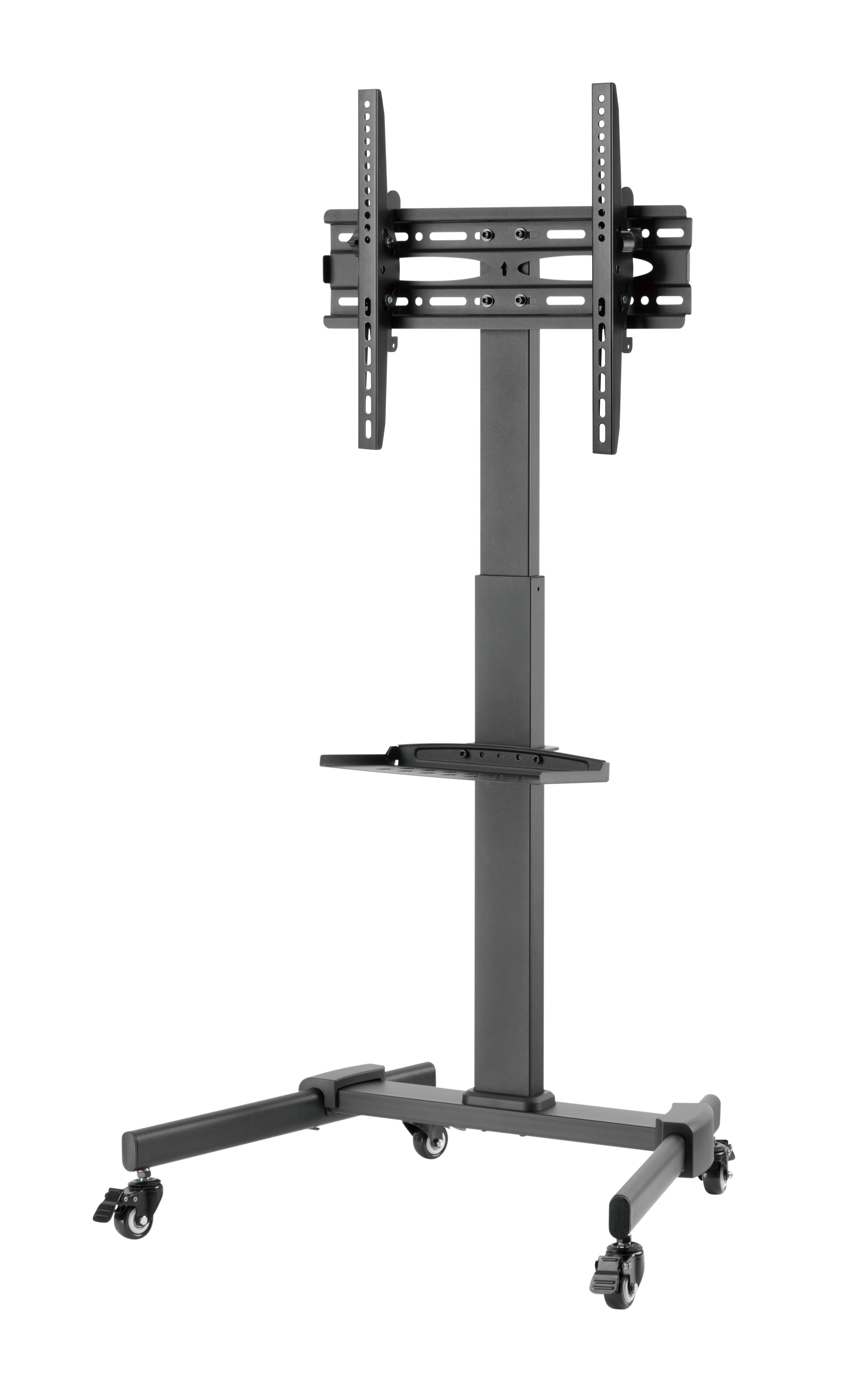 Un supporto TV mobile scuro con ruote e mensola.
