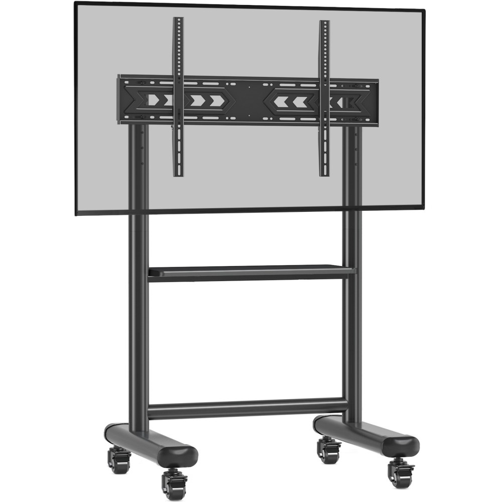 Ein mobiler TV-Ständer aus schwarzem Metall mit Rollen und Ablage.