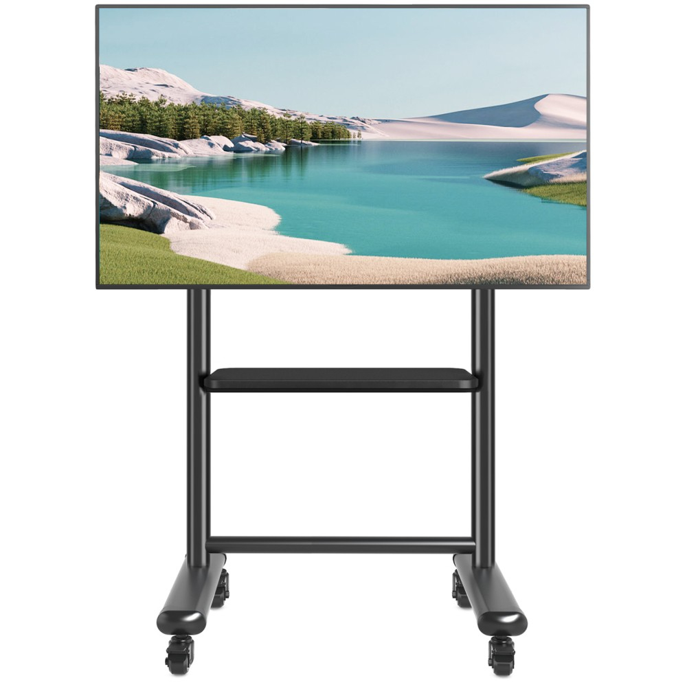 Ein moderner TV-Ständer mit Rädern zeigt eine ruhige Landschaft auf seinem Bildschirm.